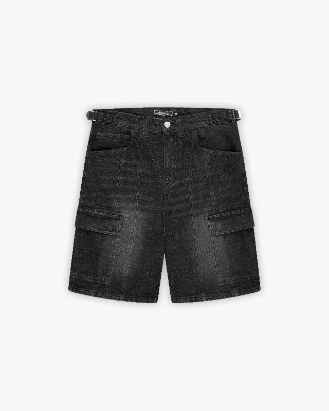 WASHED BLACK DENIM CARGO JORTS