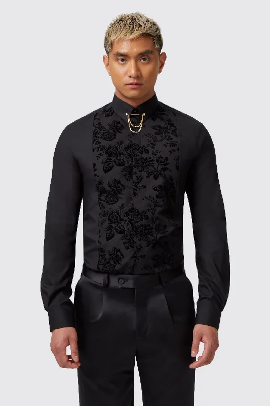 Barilla Slim Fit Black Flocked Floral Shirt - ARCHIVE