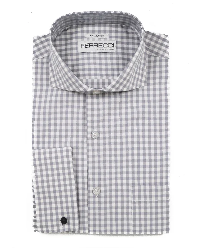 Grey Gingham Check French Cuff Regular Fit Shirt