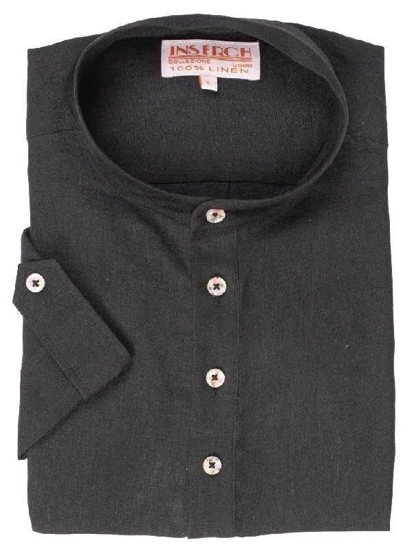 MEN'S BLACK LINEN BANDED COLLAR POP OVER SHIRT BY INSERCH