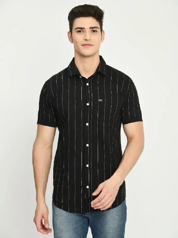 Men's Black Stripes Cotton Spread Collar Shirt