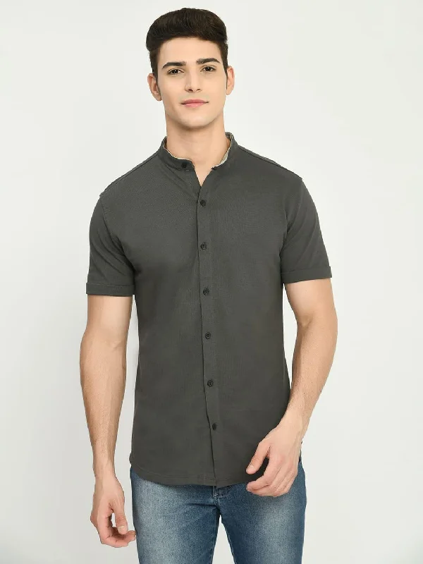 Men's Solid Dark Grey Mandarin Collar Shirt