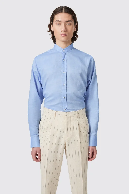 Saunders Slim Fit Grandad Collar Blue Linen Shirt