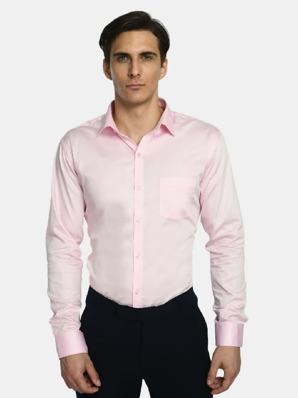 Solid Pink Spread Collar Formal Shirt with Curved Hemline