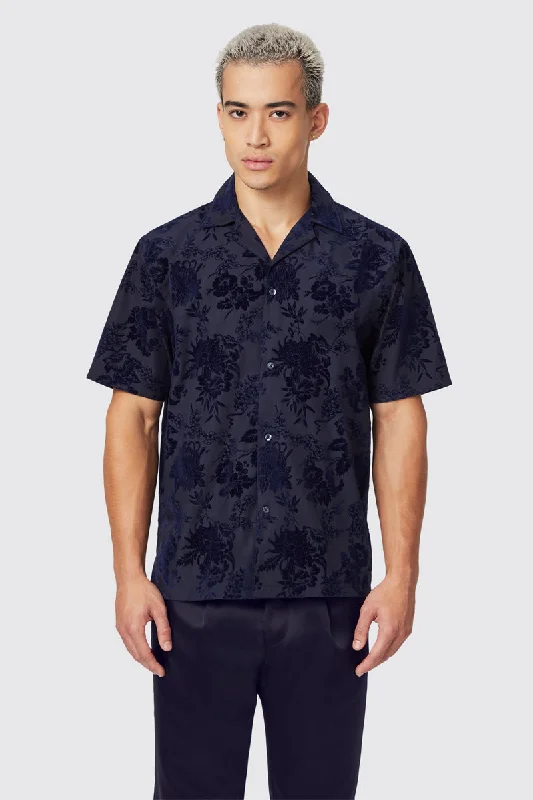 Albon Navy Floral Flocked Short Sleeve Shirt - ARCHIVE