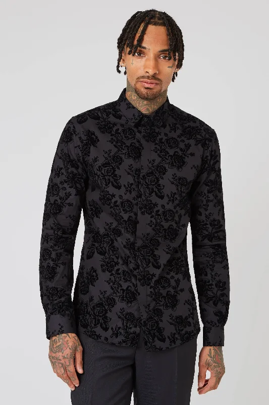 Armada Skinny Fit Black Floral Flocked Cotton Shirt