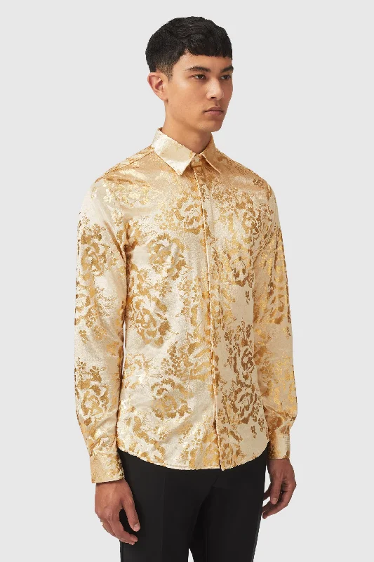 Gaines Slim Fit Champagne Velvet Shirt with Floral Print