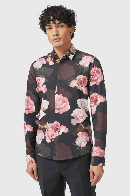 Lincoln Slim Fit Black Floral Cotton Shirt - ARCHIVE